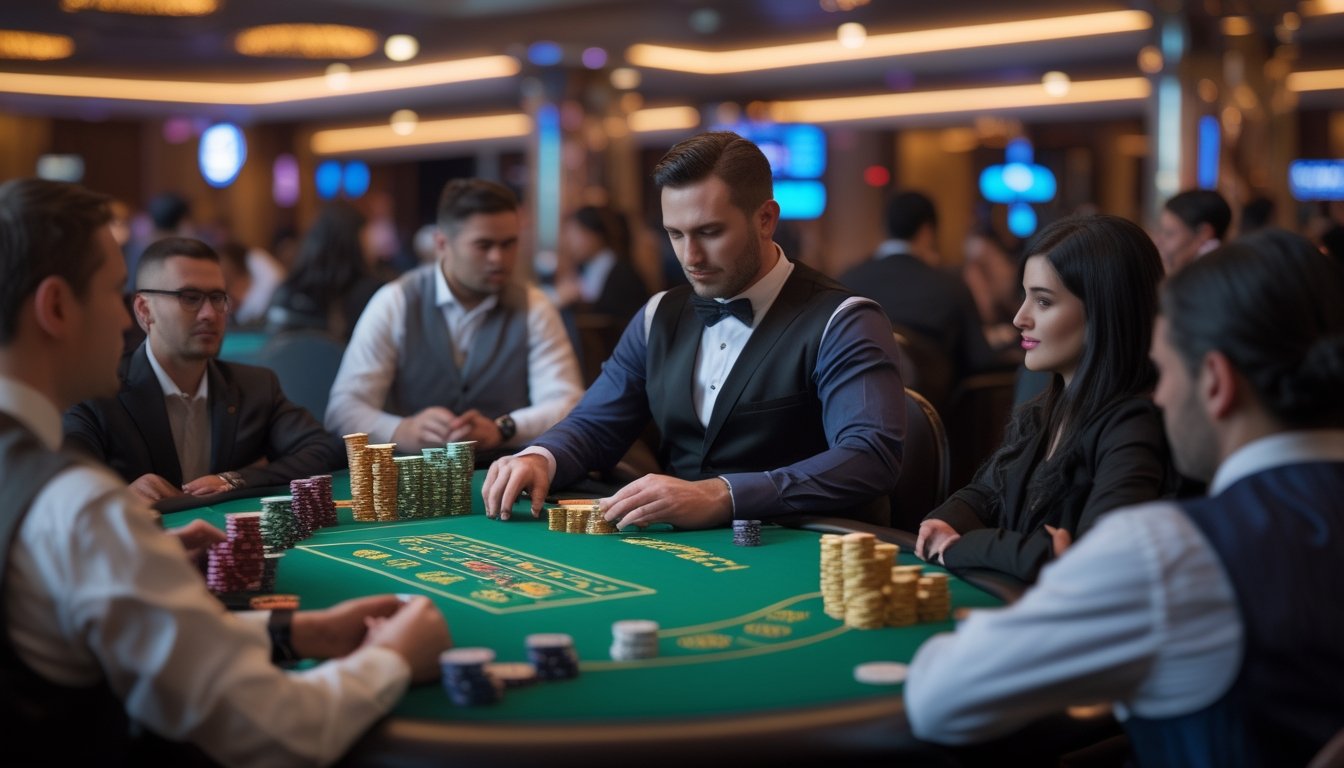 Meja blackjack di kasino dengan dealer dan beberapa pemain yang sedang bermain kartu.