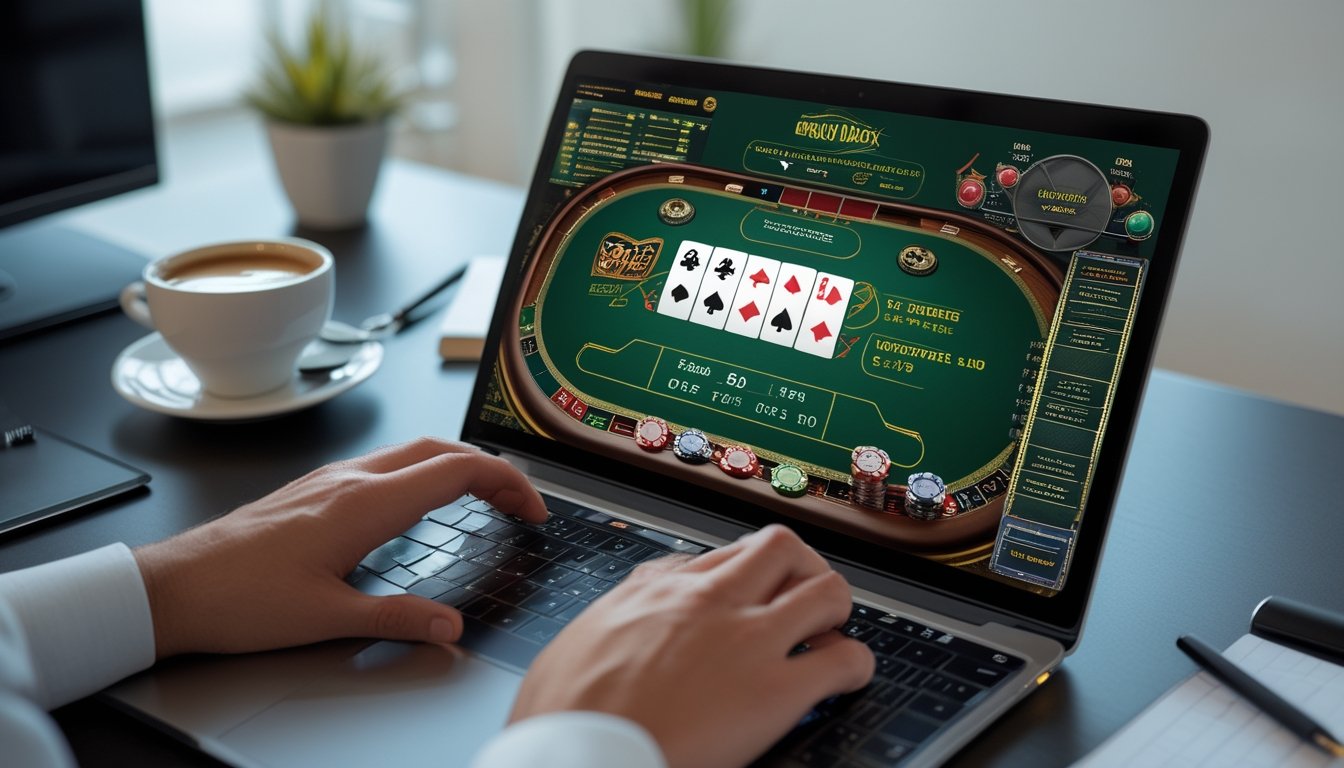 Seseorang bermain blackjack online di laptop dengan tumpukan chip dan kartu di layar, di meja kerja yang rapi.