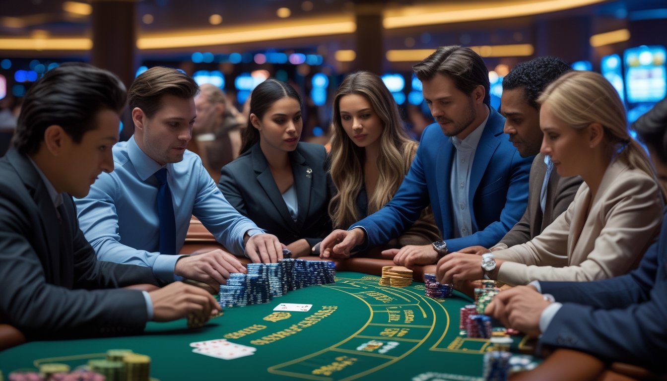 Meja blackjack di kasino dengan pemain dan dealer yang sedang bermain kartu secara serius.