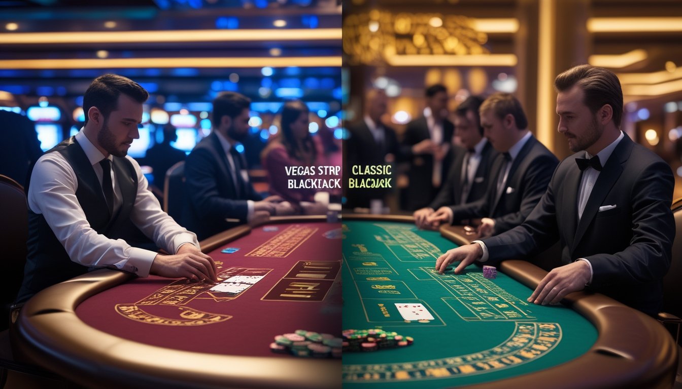 Dua meja blackjack berdampingan di kasino, satu mewakili Vegas Strip Blackjack dengan beberapa dek kartu, dan satu lagi Classic Blackjack dengan satu dek kartu, masing-masing dengan dealer dan pemain yang berbeda.