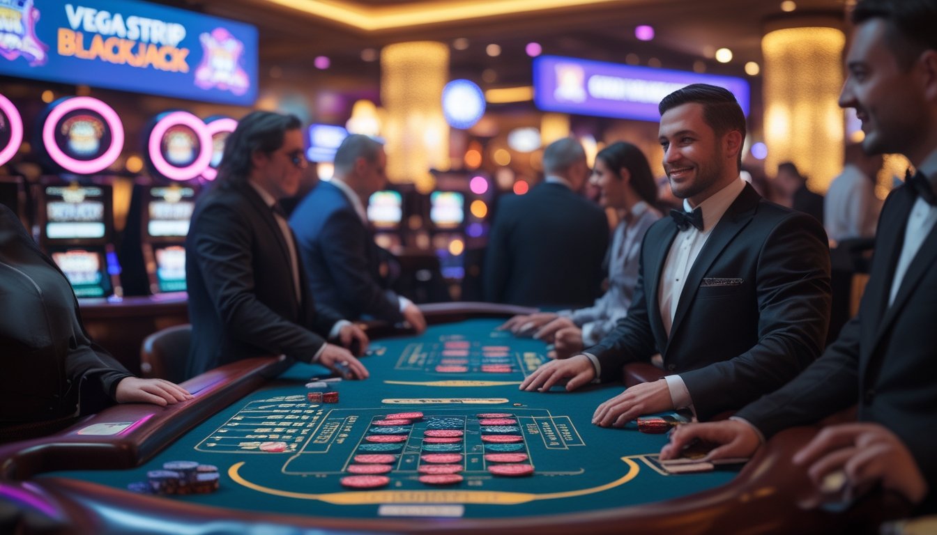 Suasana meja blackjack di kasino Las Vegas dengan dua meja berbeda, satu ramai dengan pemain dan satu lebih tenang, dikelilingi lampu warna-warni dan dekorasi kasino.