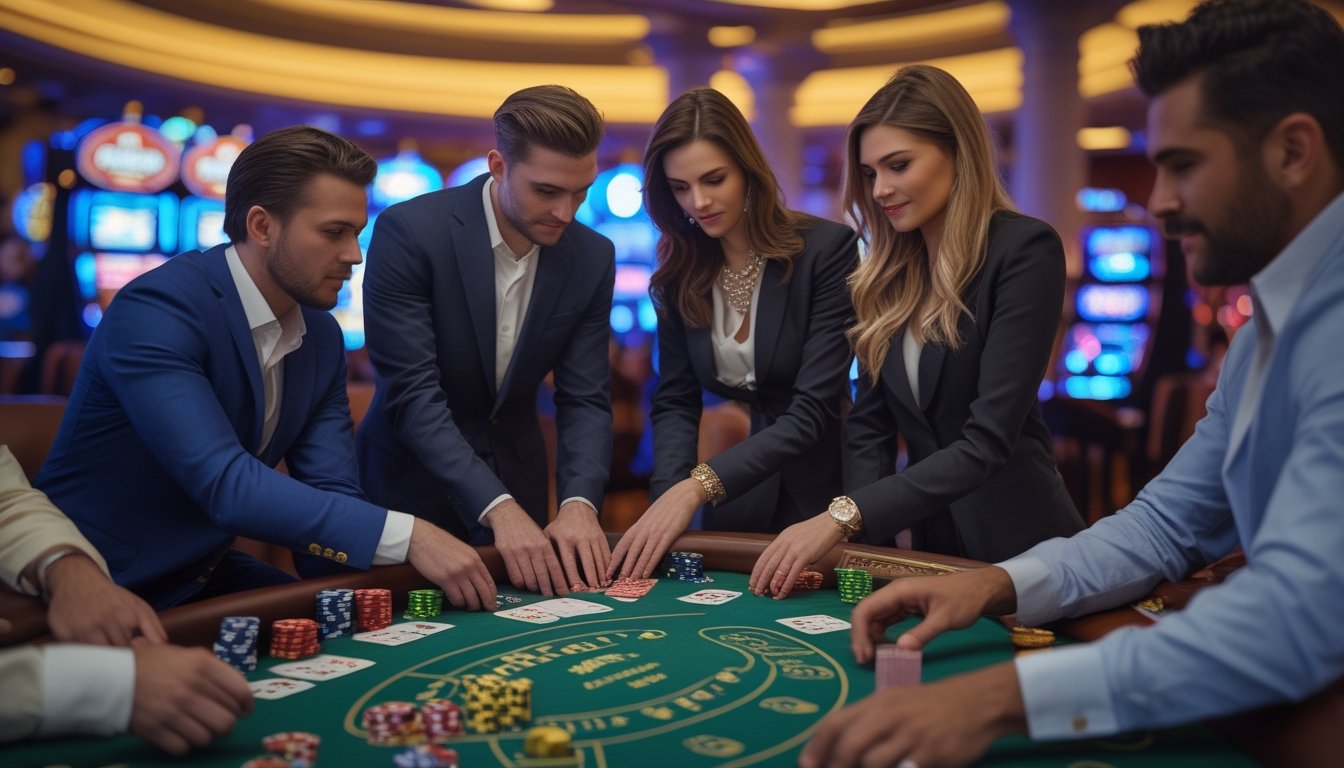 Sejumlah pemain profesional sedang bermain blackjack di meja kasino yang ramai dengan dealer yang membagikan kartu di sebuah kasino di Las Vegas.