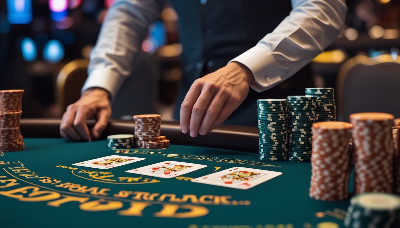 Seorang pemain blackjack profesional sedang bermain di meja Vegas Strip Blackjack di kasino dengan dealer yang membagikan kartu.