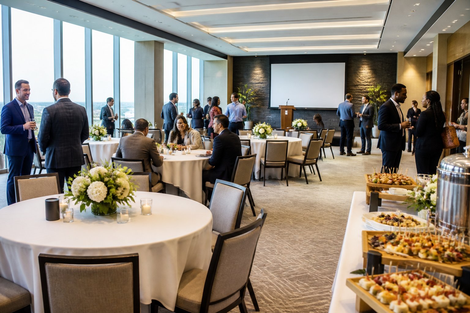A corporate event setup in a bright office with round tables, floral centerpieces, a presentation area, and people networking.