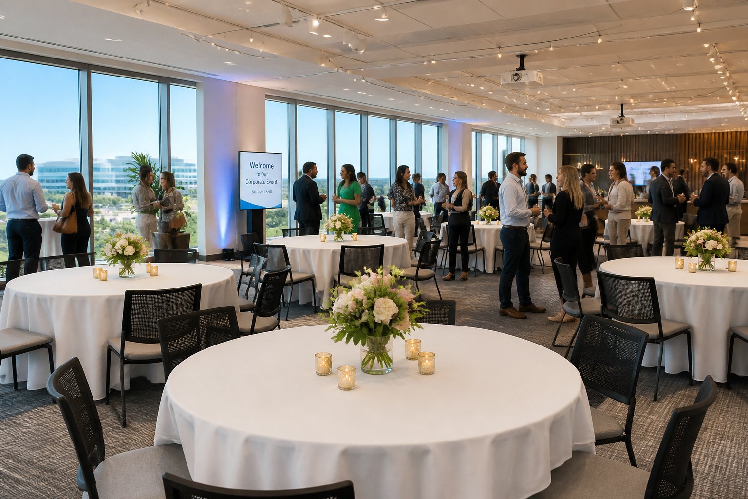 An office space set up for a corporate event with round tables, floral centerpieces, chairs, and people mingling near large windows.