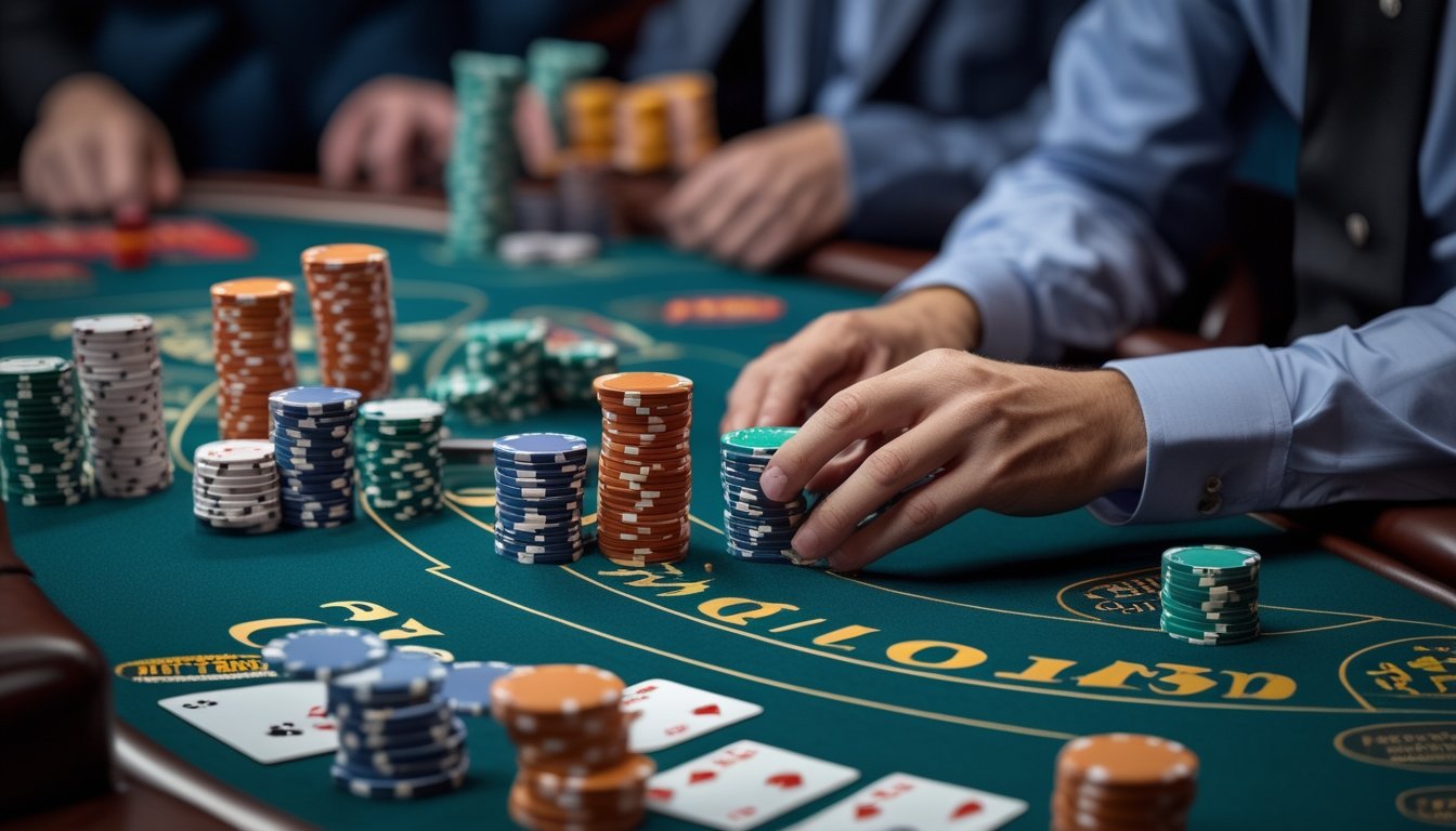 Meja blackjack di kasino dengan tumpukan chip dan tangan pemain yang sedang mengatur chip dan memegang kartu.