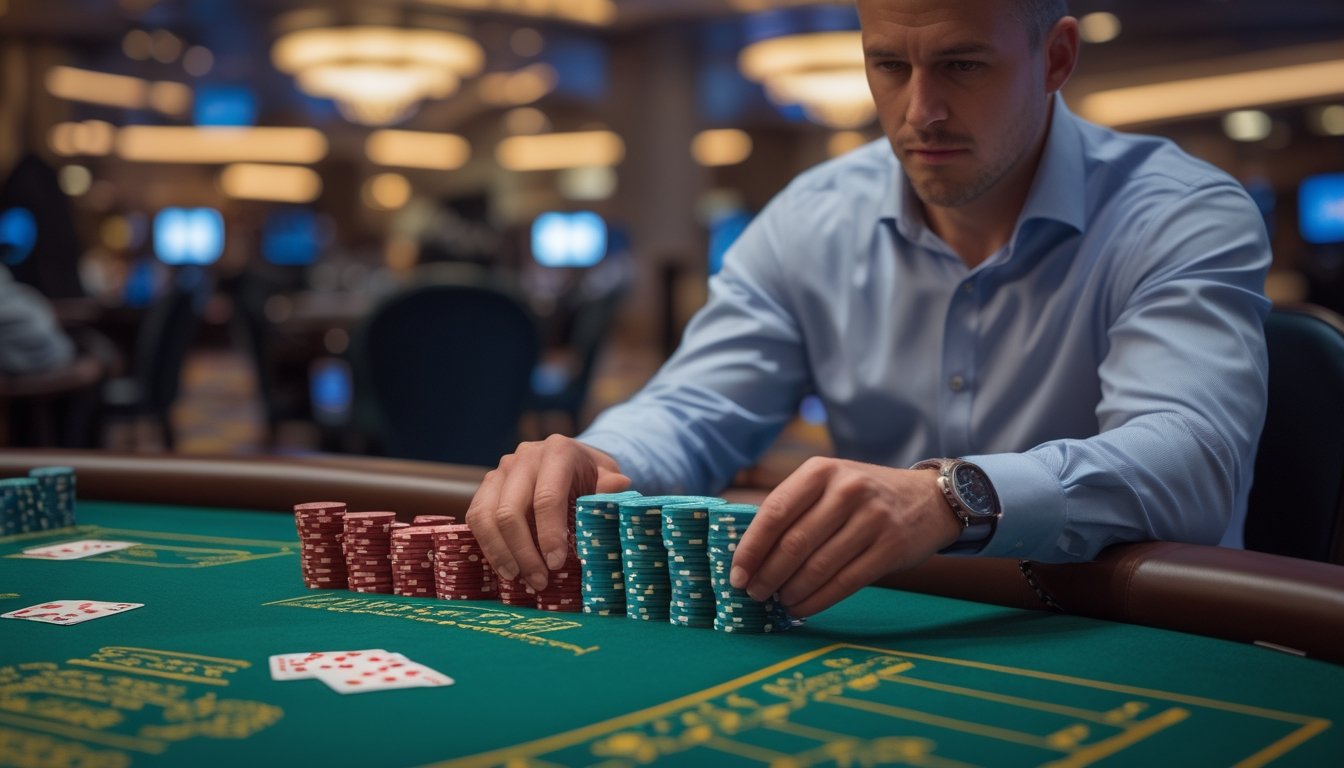 Seorang pria sedang menghitung chip judi di meja blackjack di kasino.