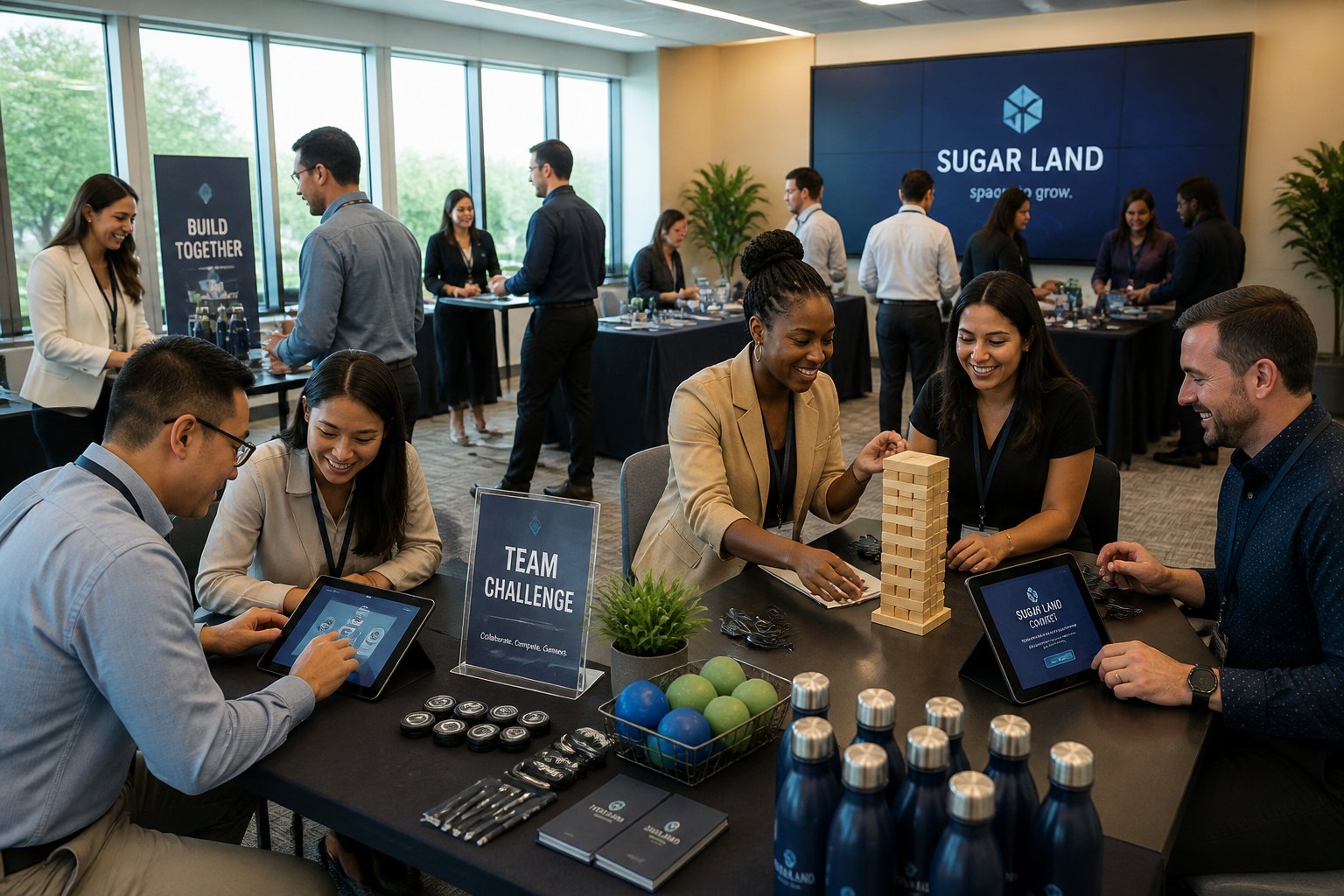 Office employees interacting at various activity stations set up for a corporate event in a modern conference room.