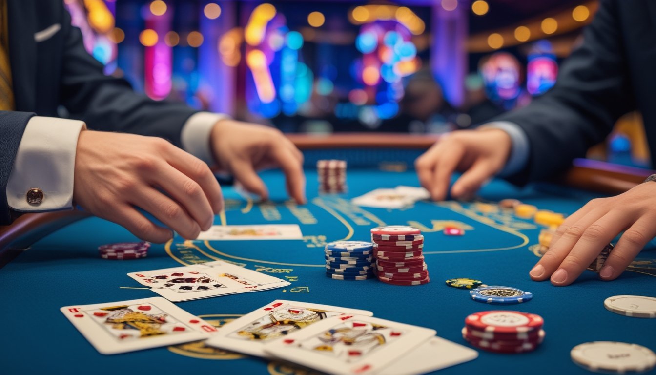 Meja blackjack di kasino dengan kartu dan chip, seorang pemain pemula sedang bermain di depan dealer dengan latar belakang lampu-lampu Las Vegas.