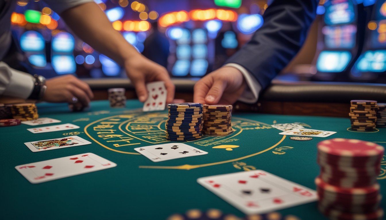 Meja blackjack di kasino dengan kartu dan chip, latar belakang lampu terang dan suasana kasino Vegas Strip.