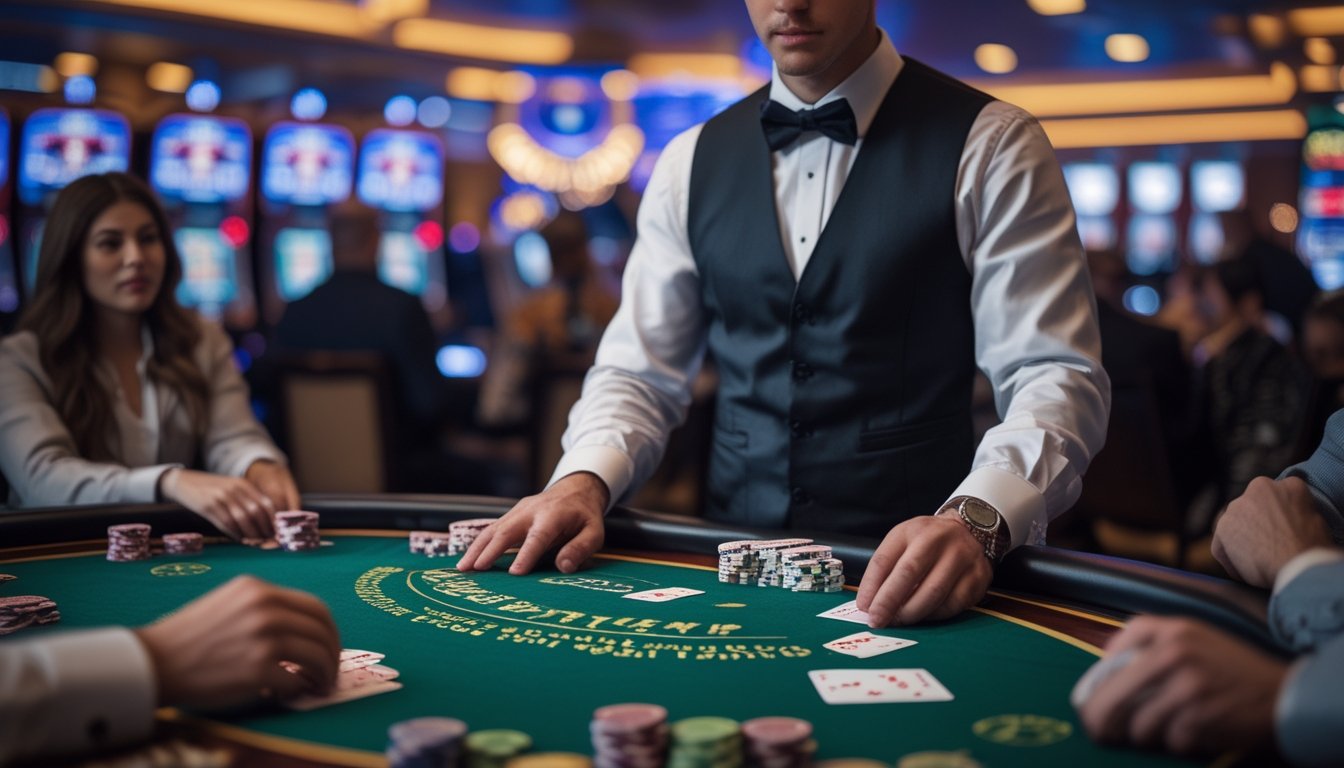Seorang dealer berjubah rapi membagikan kartu kepada pemain di meja blackjack di kasino yang ramai di Vegas Strip.