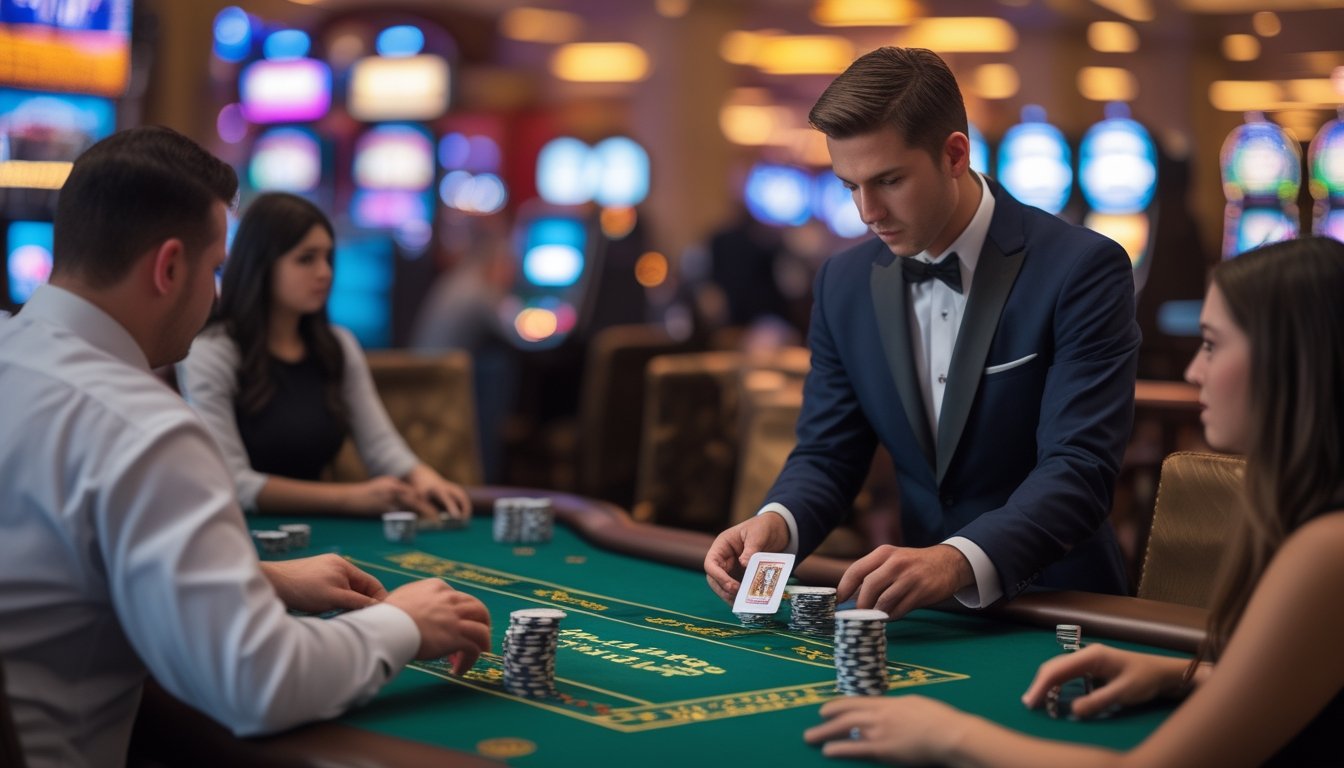 Seorang dealer sedang membagikan kartu di meja blackjack dengan suasana kasino Vegas Strip di latar belakang.