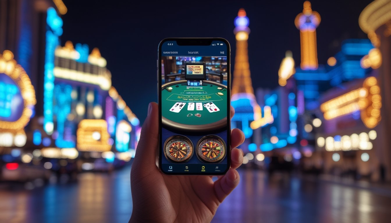 Seseorang memegang smartphone yang menampilkan permainan blackjack dengan latar belakang lampu neon dan kasino di Las Vegas Strip pada malam hari.