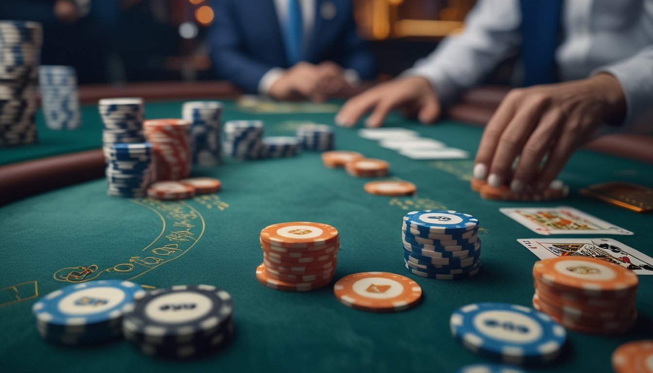 Meja blackjack kasino dengan kartu dan chip taruhan yang tersusun rapi di atas meja hijau, suasana kasino mewah di latar belakang.