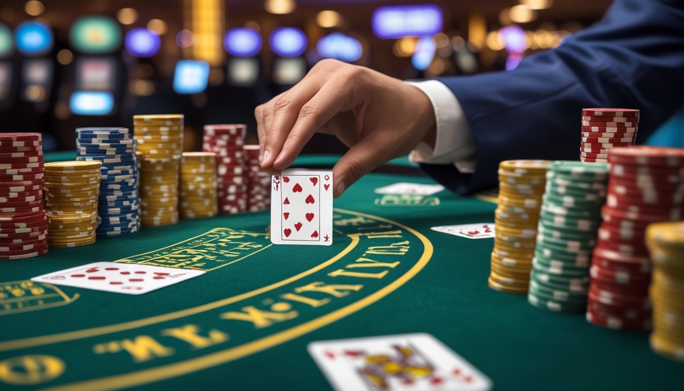 Meja blackjack Vegas Strip dengan tumpukan chip dan kartu yang dibagikan oleh dealer di kasino yang ramai.