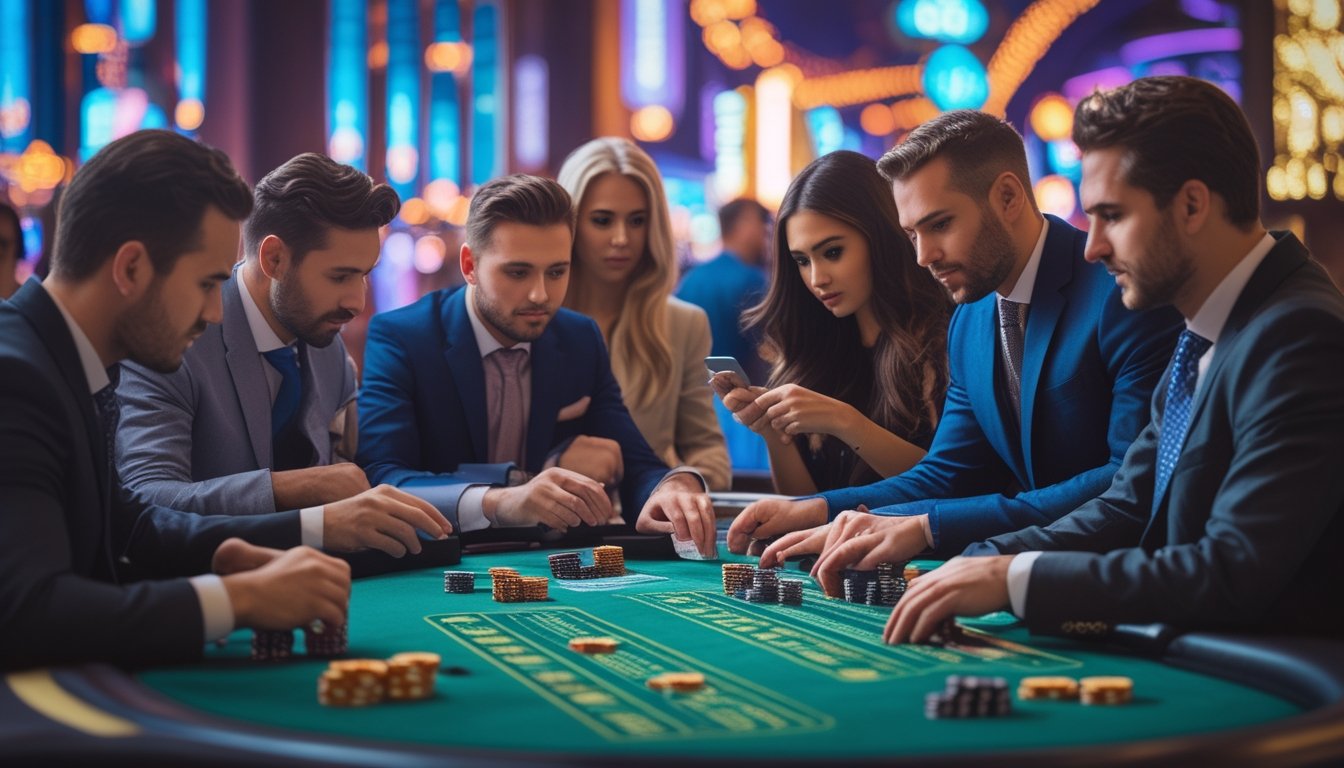 Sekelompok pemain berjudi di meja blackjack di kasino dengan pemandangan lampu terang dan suasana hidup di Las Vegas Strip.