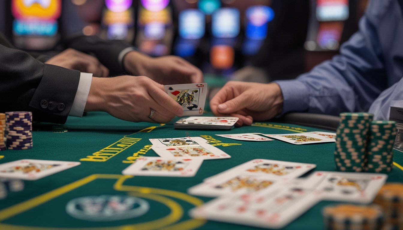 Meja blackjack di kasino Vegas Strip dengan dealer membagikan kartu dan tumpukan chip taruhan, dikelilingi lampu kasino yang berwarna-warni.