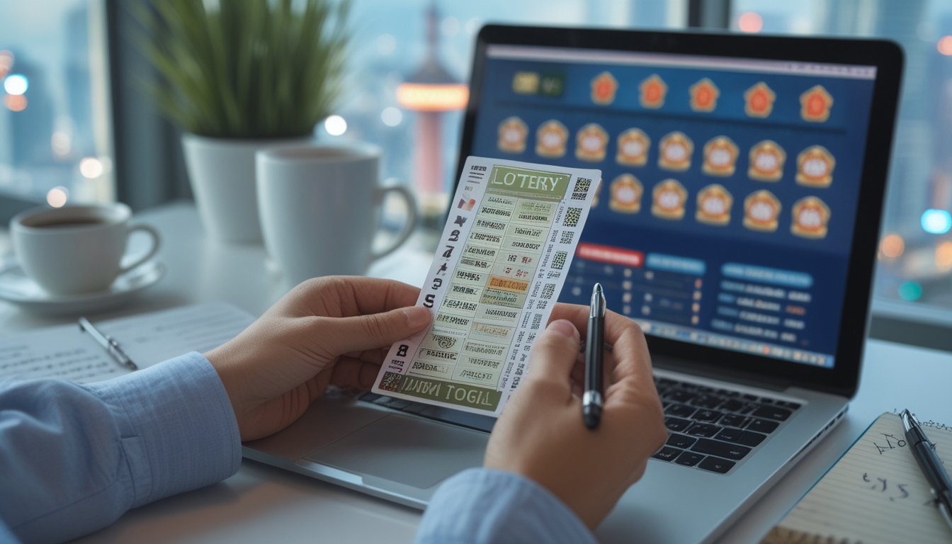 Tangan seseorang memegang tiket lotre dengan laptop dan pemandangan kota Macau di latar belakang.