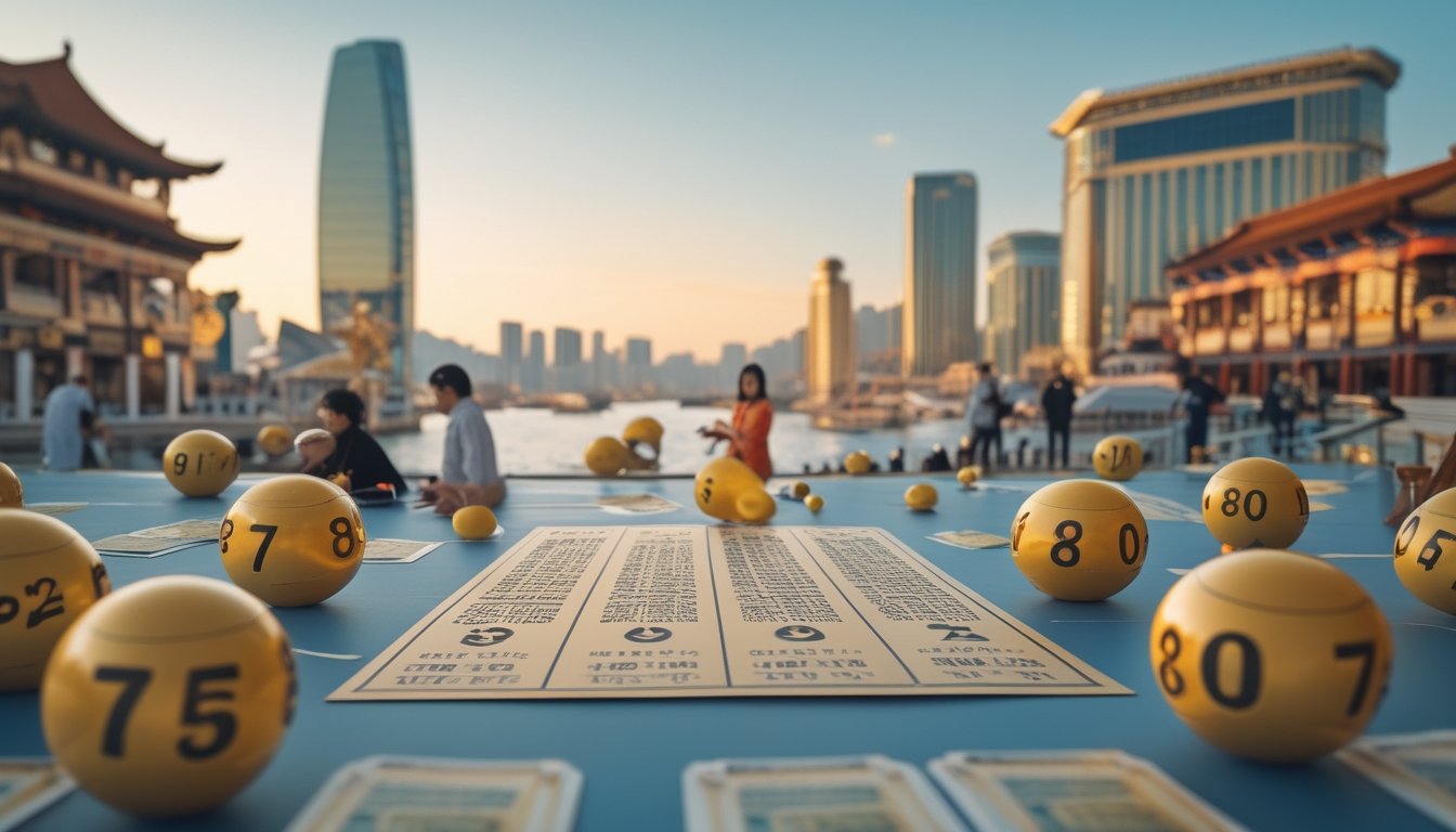 Pemandangan kota Macau dengan arsitektur tradisional dan gedung pencakar langit kasino, menampilkan elemen-elemen lotere seperti bola dan tiket secara artistik tanpa teks.