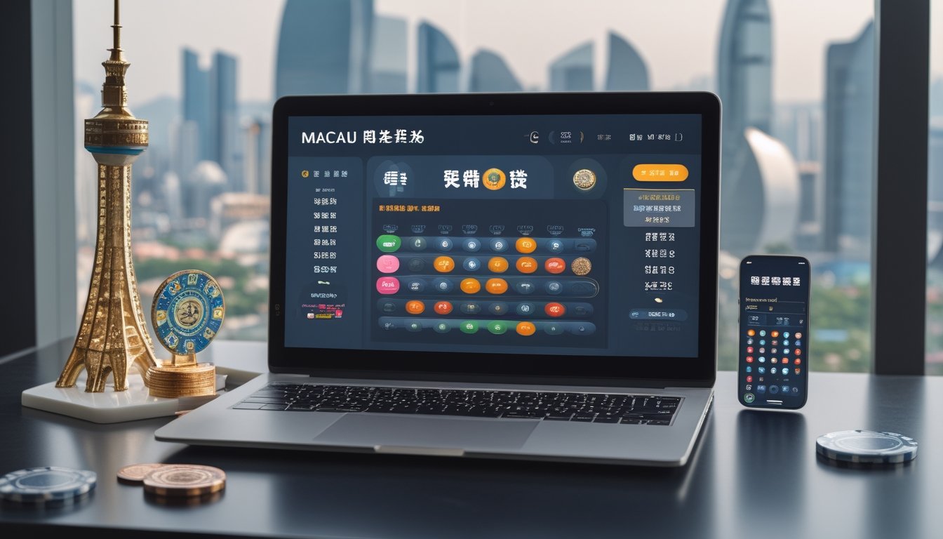 Meja kerja modern dengan laptop dan ponsel yang menampilkan aplikasi togel online, di samping model mini Menara Macau dan chip kasino, dengan latar belakang kota Macau yang kabur.