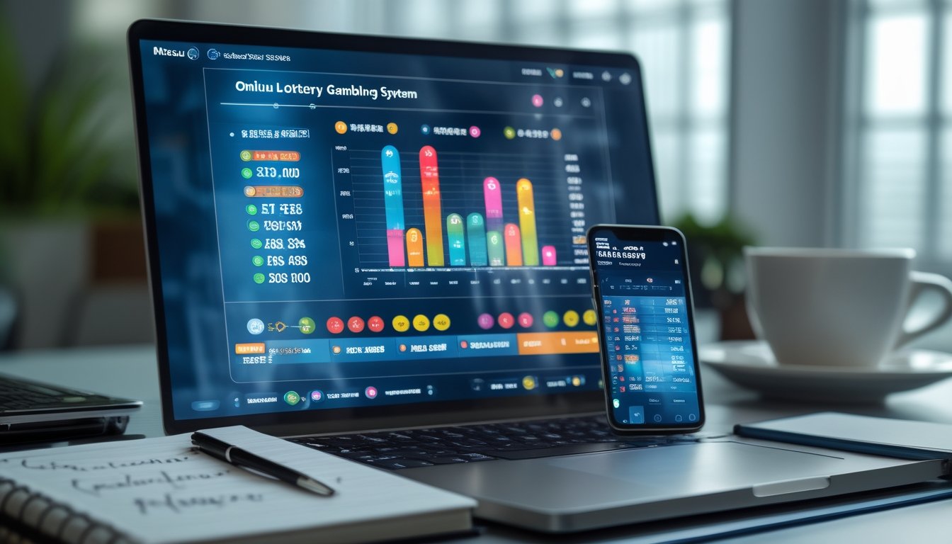 Meja kerja dengan laptop yang menampilkan antarmuka sistem togel online Macau, dikelilingi oleh smartphone, cangkir kopi, dan buku catatan.