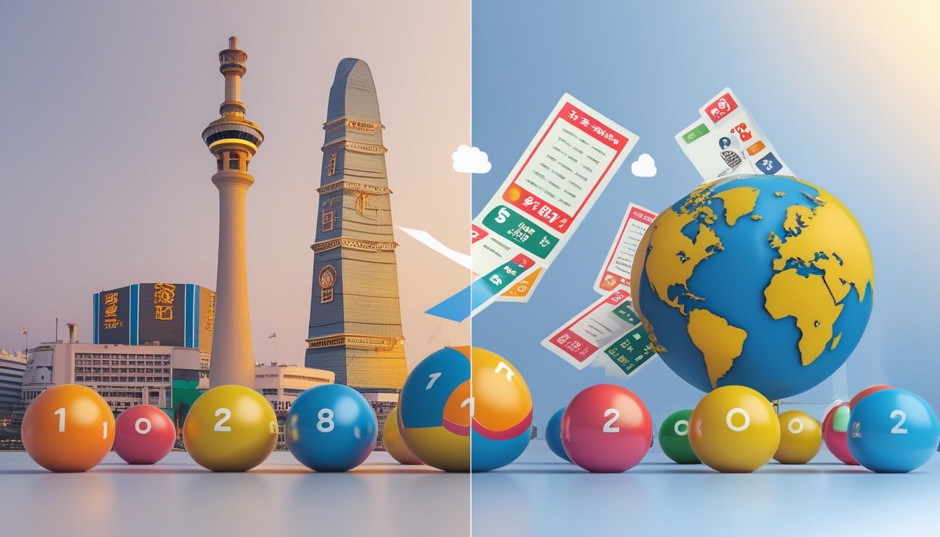 Pemandangan terbagi antara landmark Macau dan simbol-simbol lotere yang berbeda, menampilkan perbedaan antara Togel Macau dan pasaran togel lain.