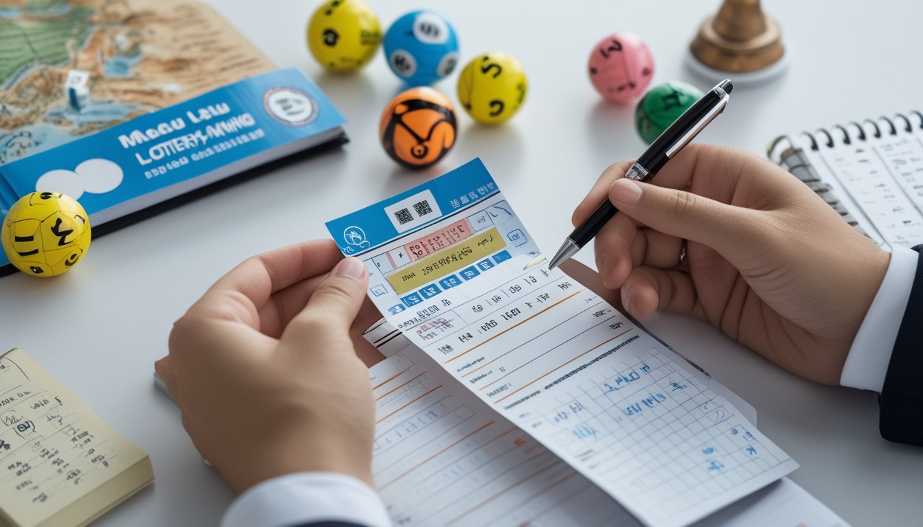 Tangan seseorang memegang tiket lotre dan pena di atas meja dengan bola lotre berwarna-warni dan peta kecil Macau di latar belakang.
