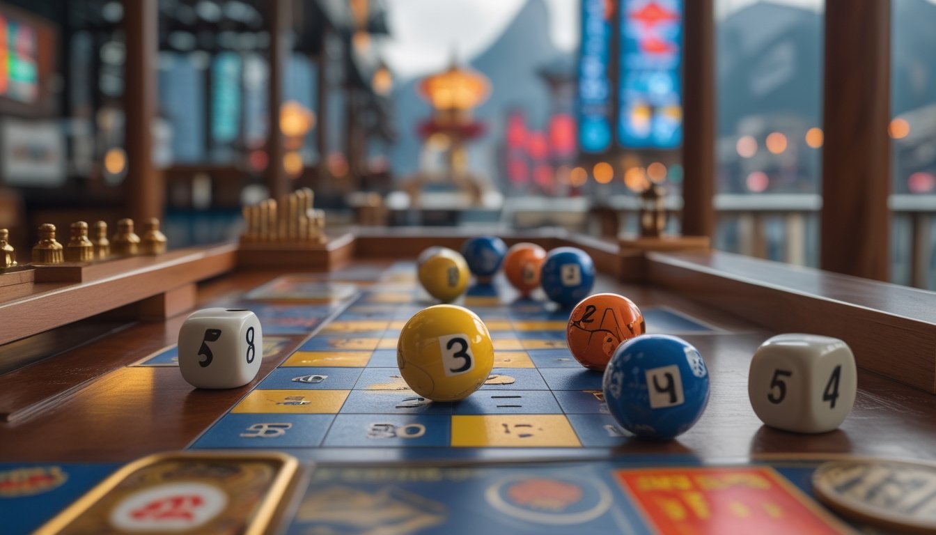 Meja dengan bola lotere bernomor, dadu, dan token judi tradisional dengan latar belakang samar bangunan ikonik Macau.