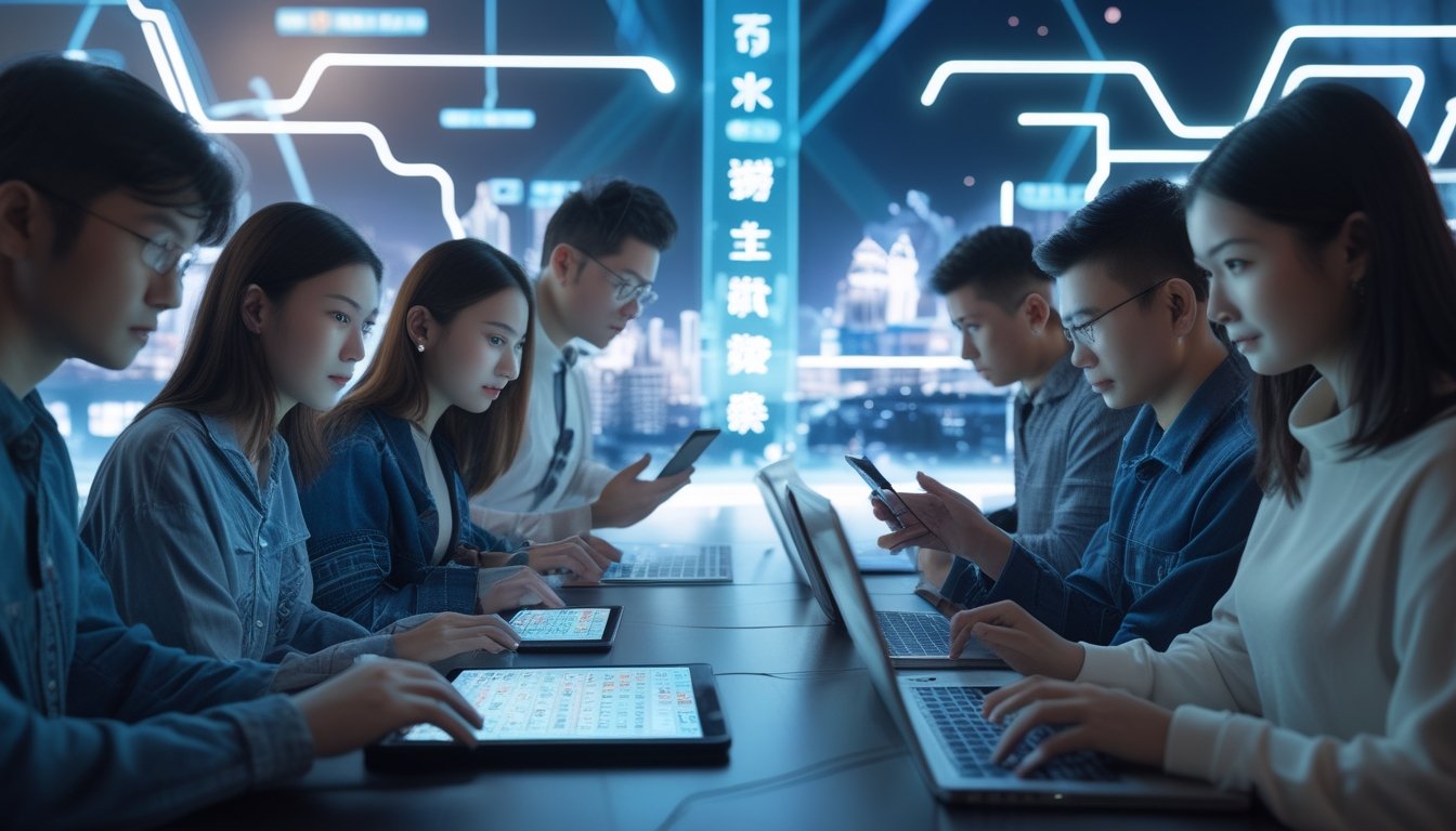 Sekelompok orang muda menggunakan perangkat digital untuk bermain togel Macau dengan latar belakang pemandangan kota Macau.