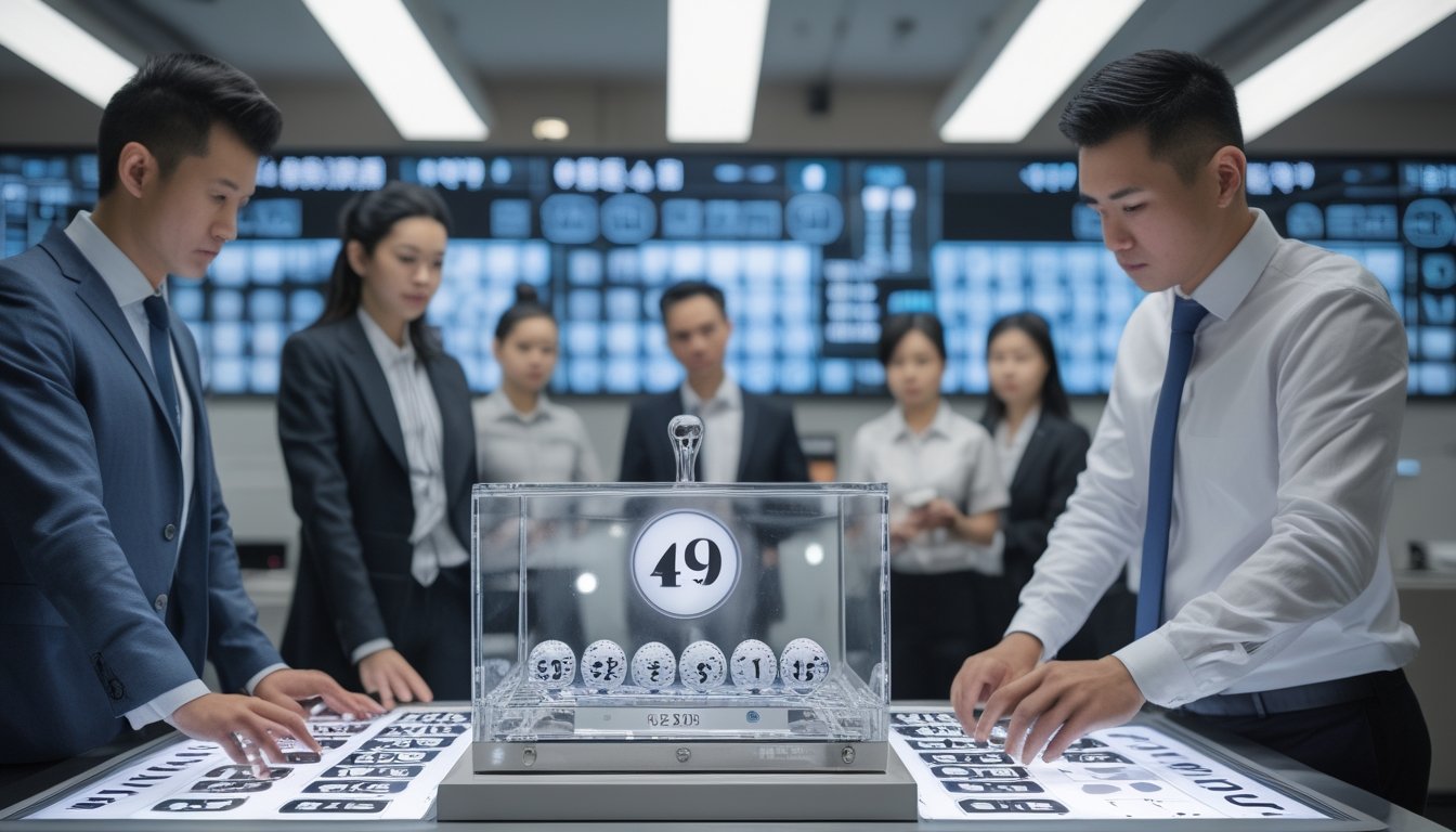 Orang-orang di kantor modern mengamati proses pengundian lotere dengan mesin pengundi dan layar data di latar belakang.