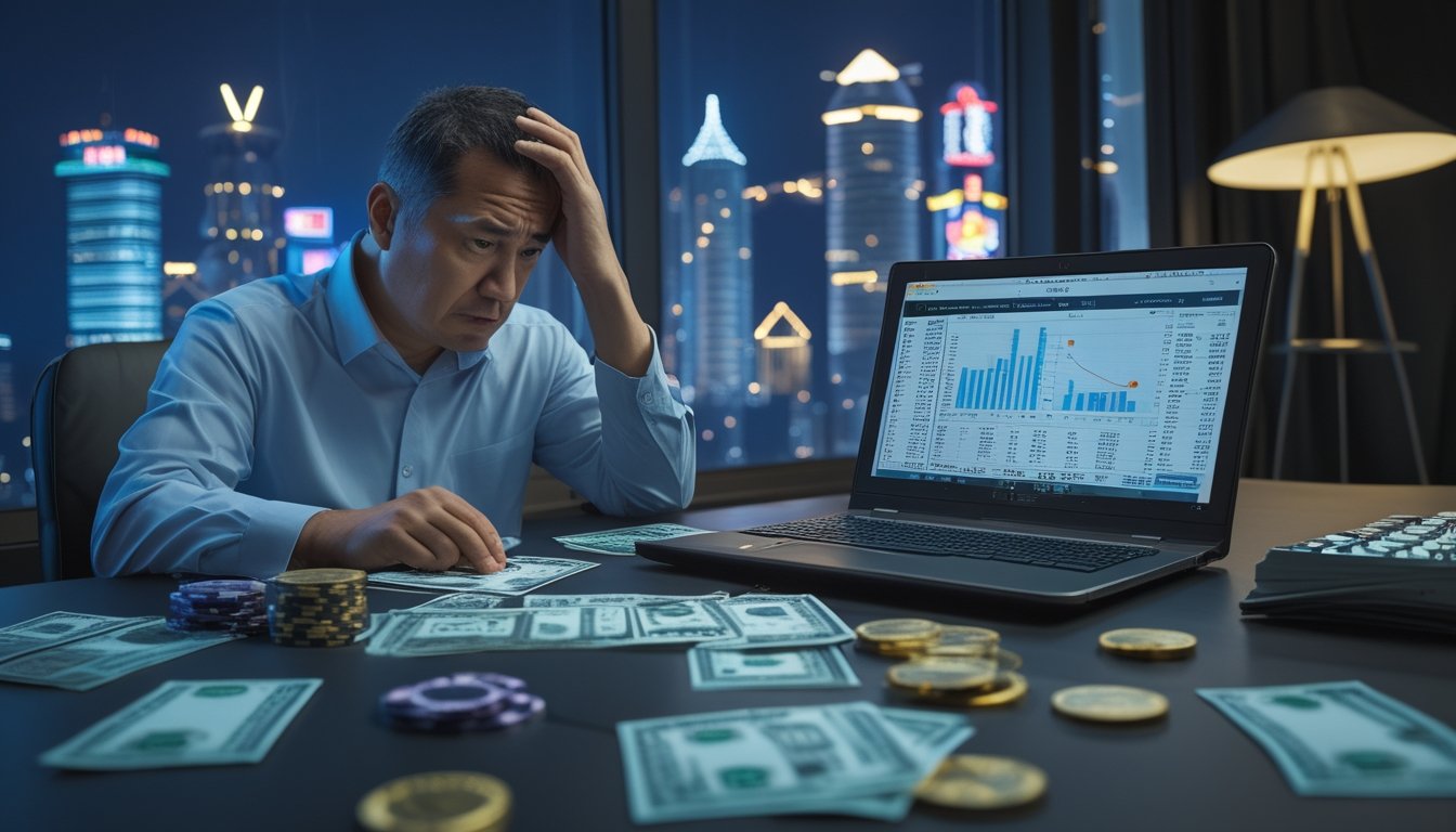 Seorang pria duduk di meja dengan tiket togel, chip kasino, dan laptop, tampak khawatir memikirkan keuangan pribadinya dengan latar belakang pemandangan kota Macau malam hari.