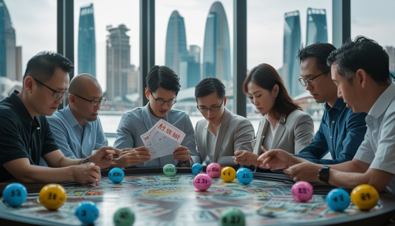 Sejumlah pemain sedang berdiskusi dan menganalisis tiket lotere di dalam kasino dengan latar belakang pemandangan kota Macau.
