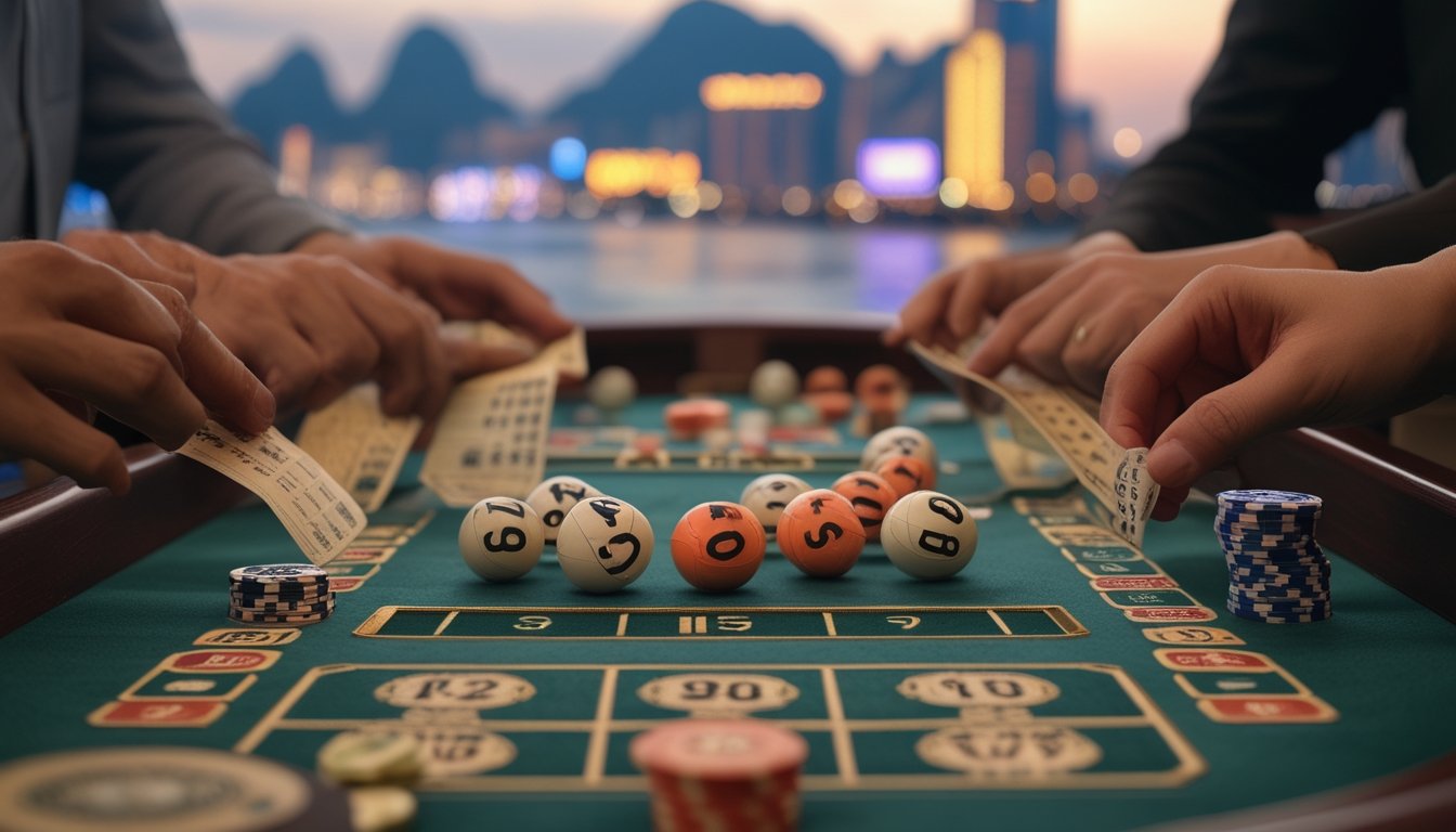 Meja judi dengan bola togel, tiket bernomor, dan chip, latar belakang menampilkan pemandangan kota Macau dengan kasino terkenal.