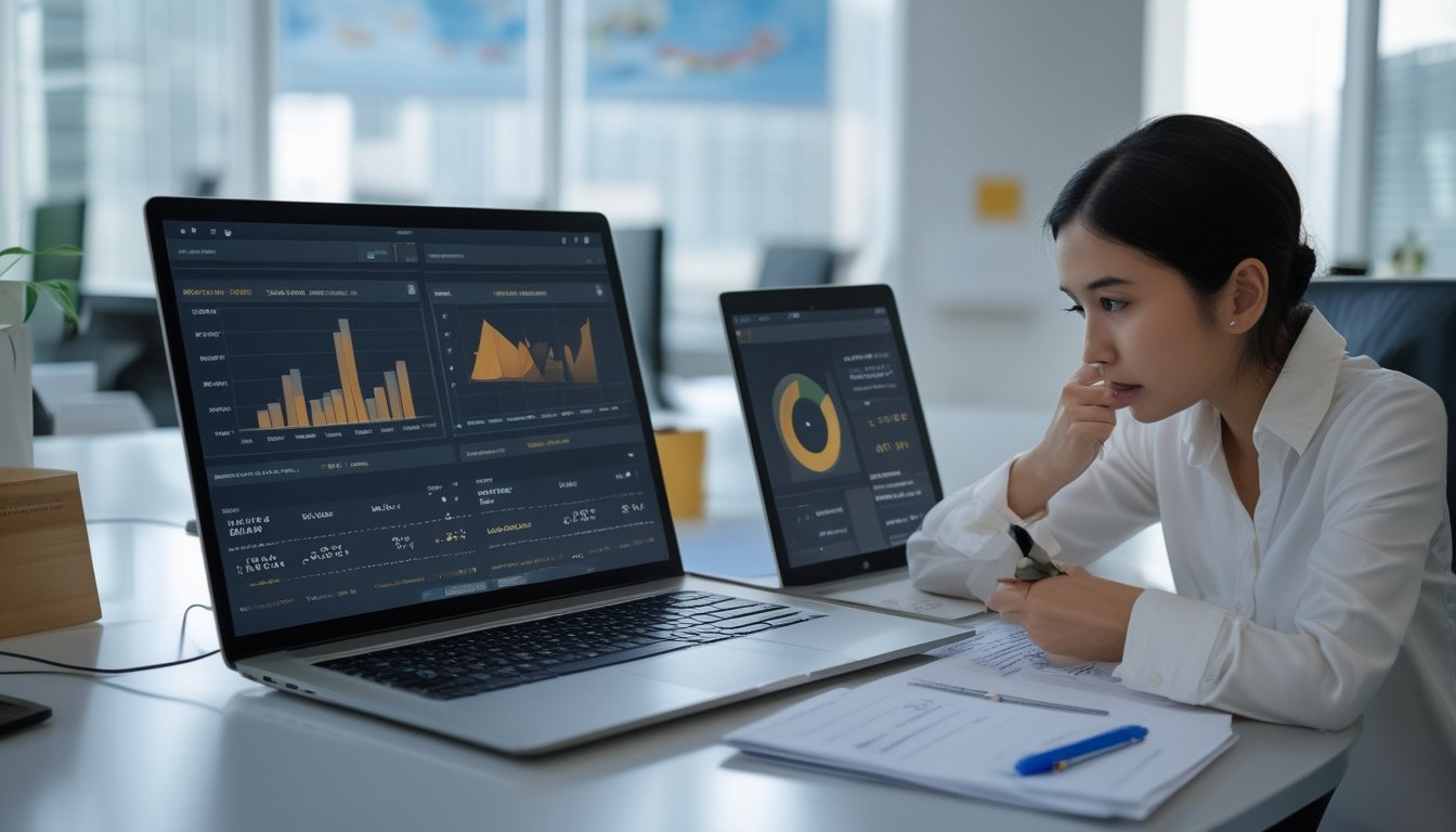 Seorang profesional sedang menganalisis data statistik di meja kerja dengan laptop dan tablet yang menampilkan grafik dan angka.