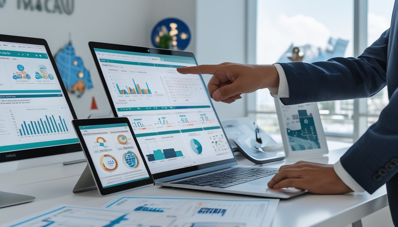 Seorang profesional sedang menganalisis data statistik di meja kerja dengan laptop, tablet, dan dokumen yang menampilkan grafik dan tabel, di ruang kantor yang terang dan rapi dengan dekorasi kecil bertema Macau.