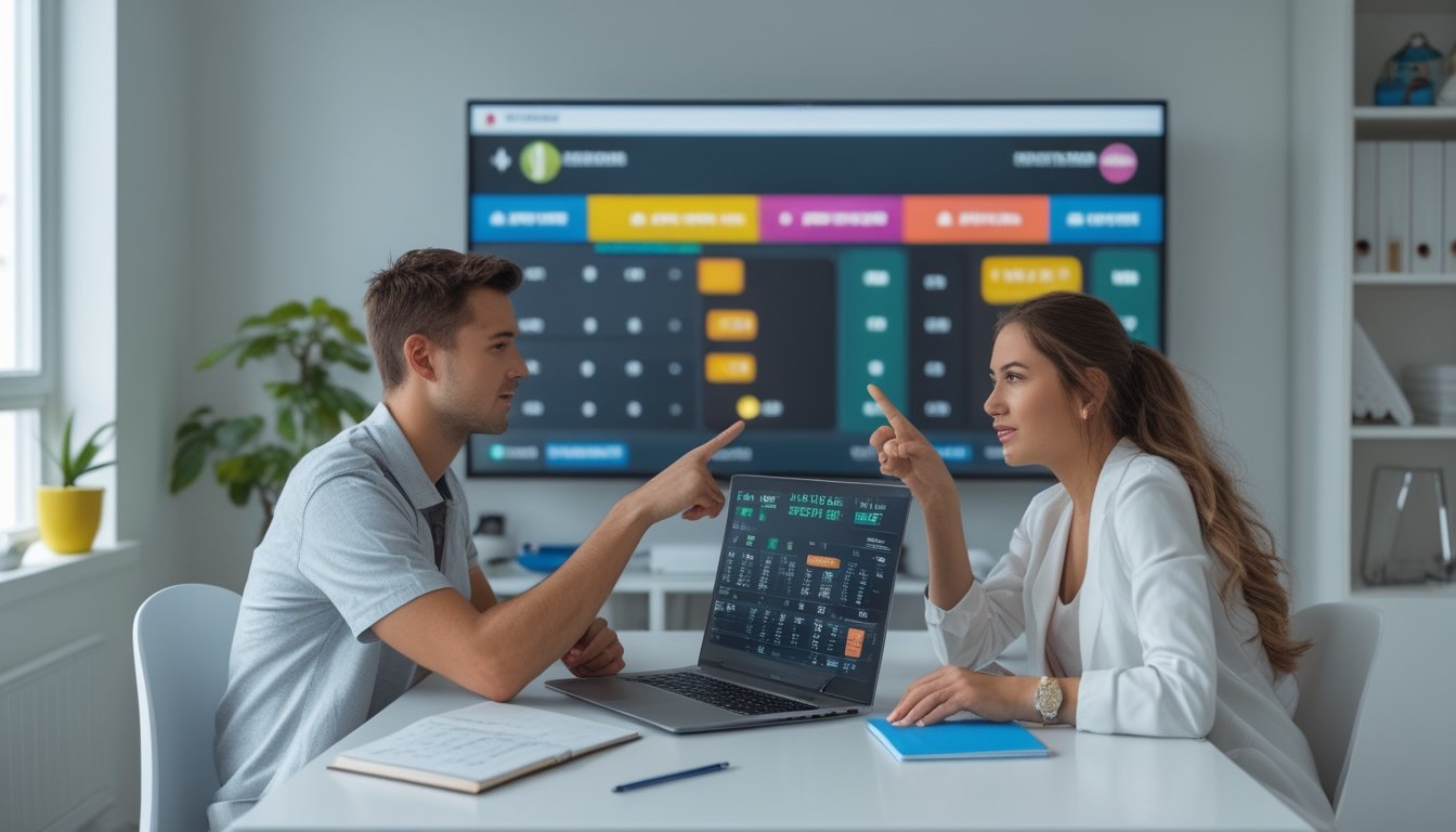 Dua orang muda duduk di meja dengan laptop yang menampilkan statistik tenis, berdiskusi serius sambil mencatat, dengan televisi menayangkan pertandingan tenis di latar belakang.