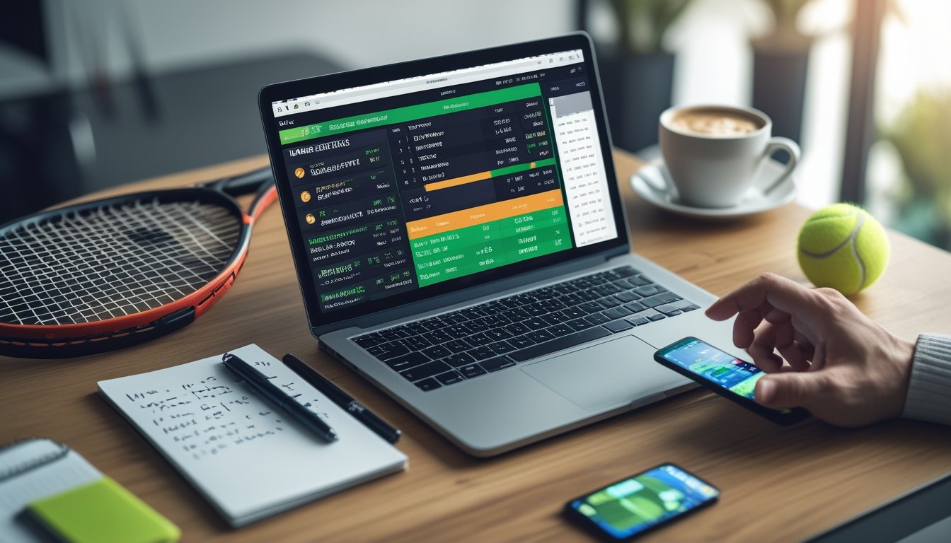 Meja kerja dengan laptop yang menampilkan statistik tenis dan peluang taruhan, notepad dengan catatan, telepon pintar dengan pertandingan tenis langsung, serta raket dan bola tenis di latar belakang.