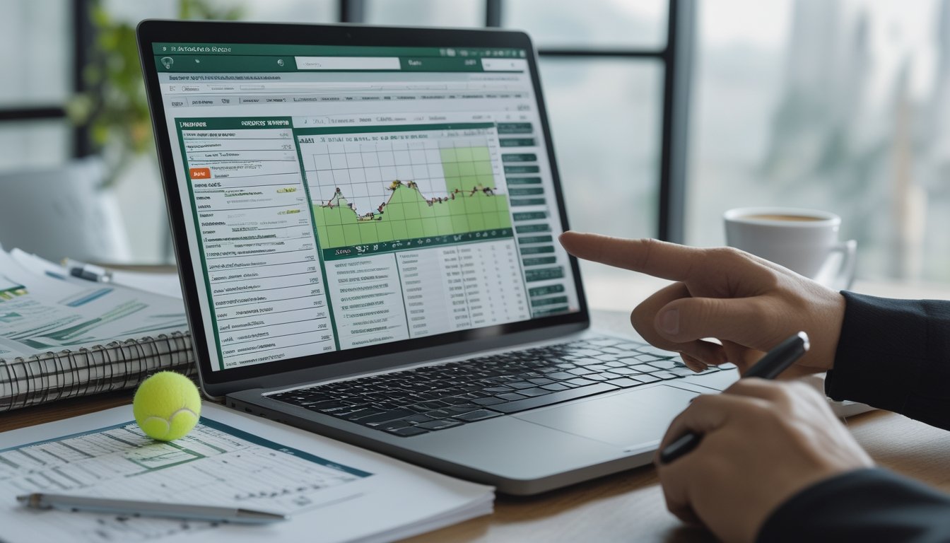 Seseorang sedang menganalisis statistik pemain tenis di depan laptop dengan grafik dan catatan di meja kerja.