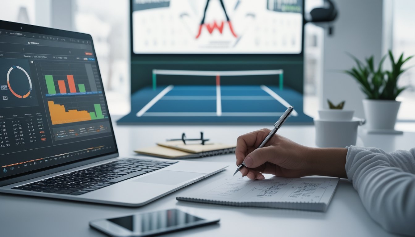 Seseorang sedang menganalisis statistik pemain tenis dengan laptop dan catatan di meja kerja yang rapi.