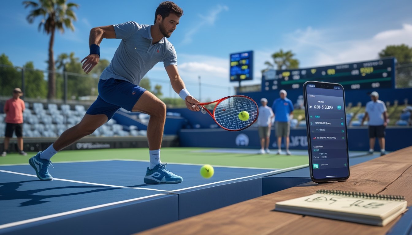 Seorang pemain tenis sedang bersiap melakukan servis di lapangan tenis saat pertandingan berlangsung, dengan papan skor digital dan beberapa penonton di latar belakang.