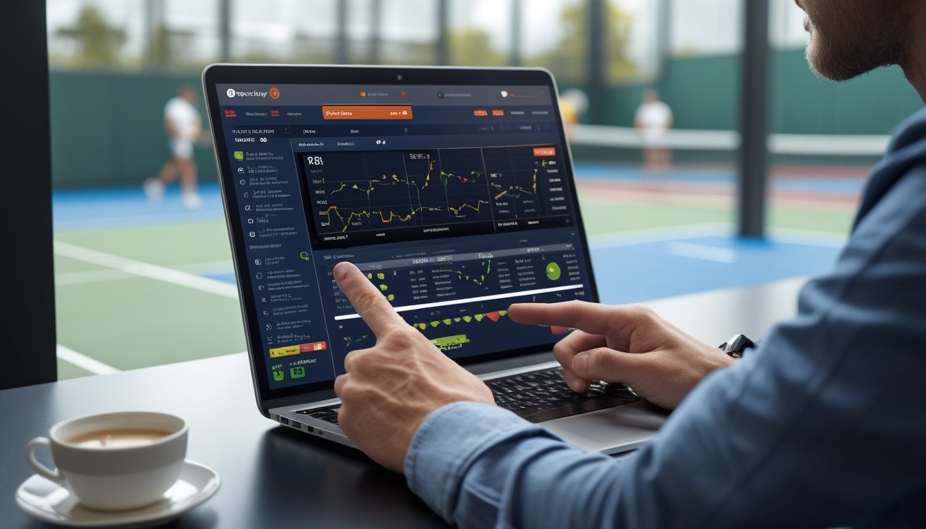 Seseorang sedang melihat data peluang taruhan tenis di tablet dengan lapangan tenis dan pemain yang berlatih di latar belakang.