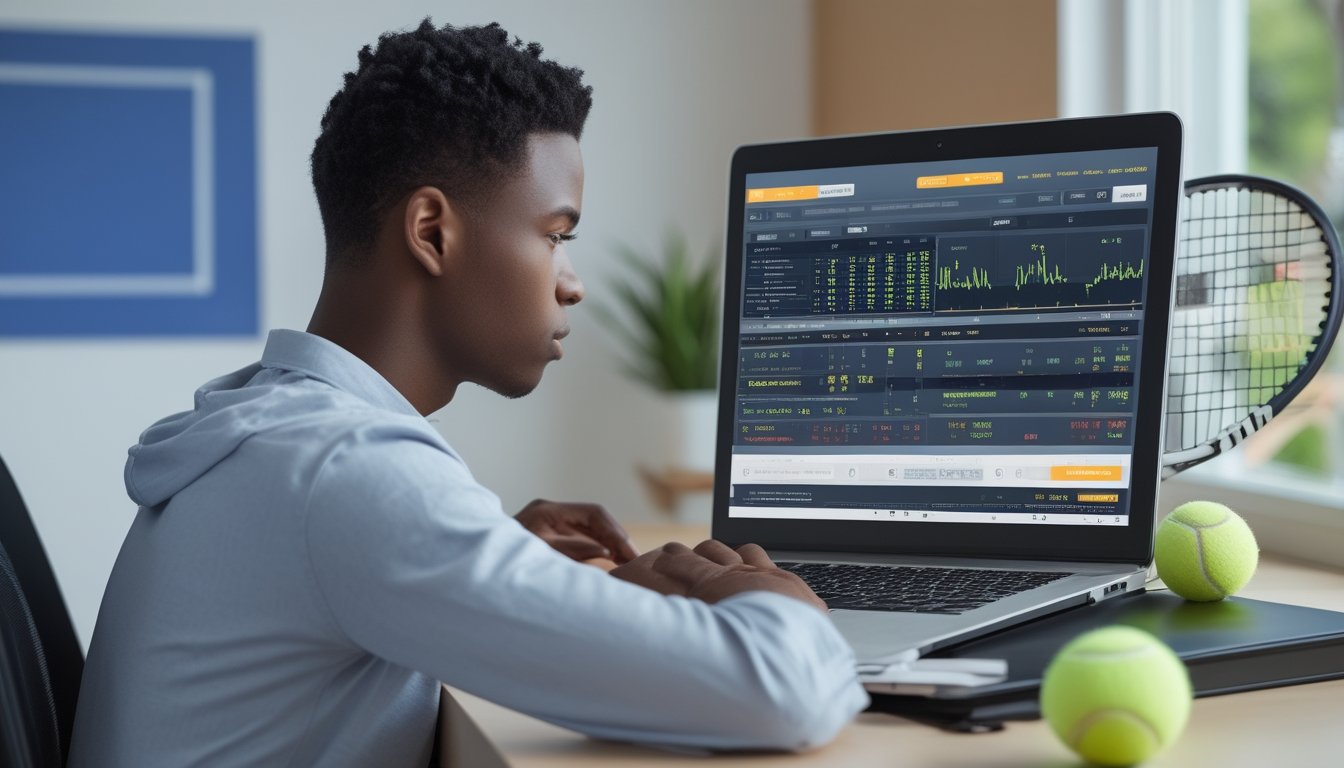 Seorang pria muda duduk di meja dengan laptop, menganalisis data taruhan tenis online dengan raket dan bola tenis di sampingnya.