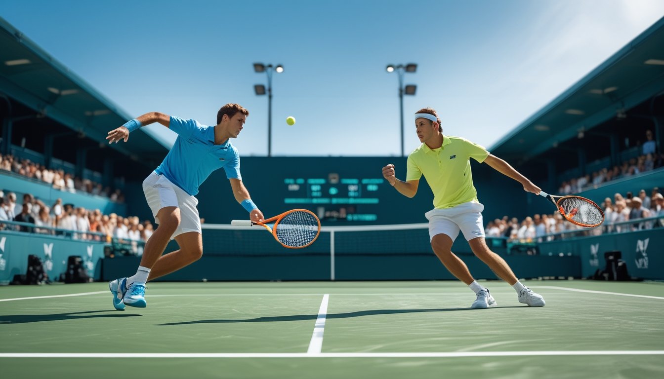 Dua pemain tenis pria sedang bertanding di lapangan tenis luar ruangan dengan latar belakang tribun dan langit biru.