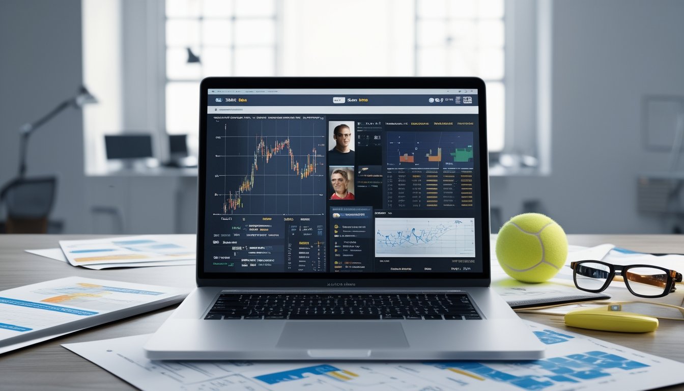 Meja kerja dengan laptop yang menampilkan data dan statistik head to head pemain tenis, dilengkapi bola tenis dan kertas analisis pertandingan.