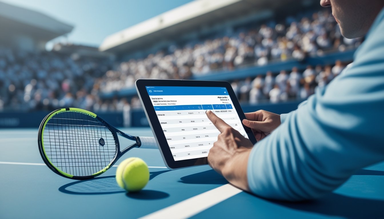 Seorang pemain tenis fokus mengamati data pertandingan di tablet di lapangan tenis dengan tribun penonton di belakangnya.