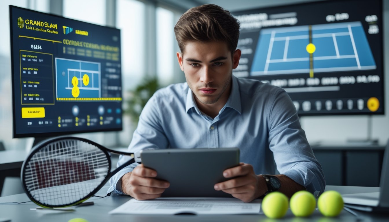 Seorang pria muda sedang menganalisis statistik pertandingan tenis menggunakan tablet di kantor modern dengan layar besar yang menampilkan diagram lapangan tenis dan grafik peluang menang.
