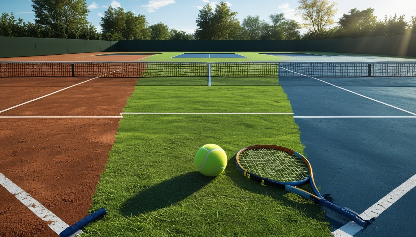 Tiga lapangan tenis berdampingan dengan permukaan tanah liat, rumput, dan hard court, masing-masing dengan bola dan raket tenis di depan.