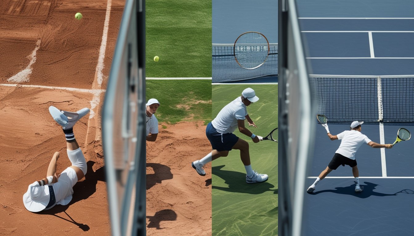 Tiga lapangan tenis dengan permukaan tanah liat, rumput, dan keras, masing-masing dengan pemain tenis yang sedang bermain sesuai gaya permukaan lapangan.