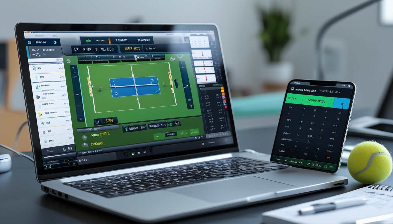 Seorang pria sedang menggunakan laptop dan ponsel untuk menonton pertandingan tenis langsung dan melihat data analisis taruhan secara real time di meja kerja.