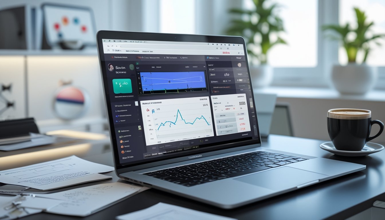 Seorang pria di depan laptop yang menampilkan pertandingan tenis langsung dengan statistik dan analisis taruhan secara real time di meja kerja.